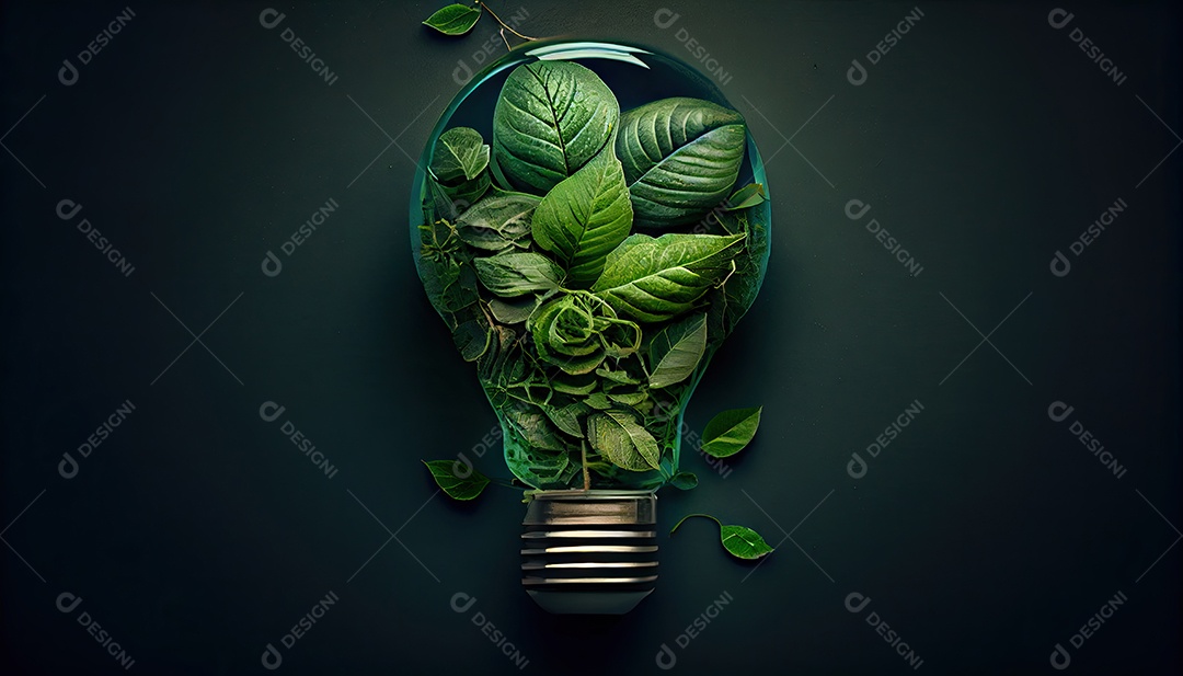 Lâmpada ecológica verde de folhas frescas vista de cima, conceito de energia renovável e dia da terra de vida sustentável a importância de amar a natureza