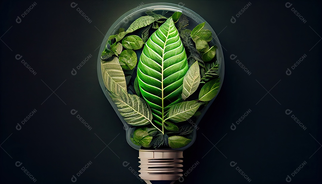 Lâmpada ecológica verde de folhas frescas vista de cima, conceito de energia renovável e dia da terra de vida sustentável a importância de amar a natureza