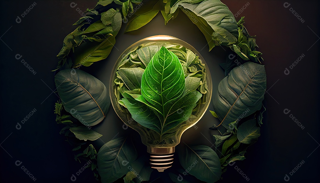 Lâmpada ecológica verde de folhas frescas vista de cima, conceito de energia renovável e dia da terra de vida sustentável a importância de amar a natureza