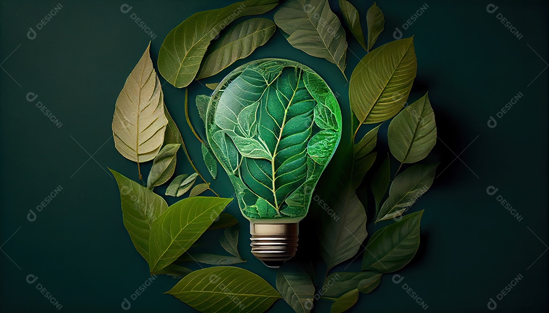 Lâmpada ecológica verde de folhas frescas vista de cima, conceito de energia renovável e dia da terra de vida sustentável a importância de amar a natureza