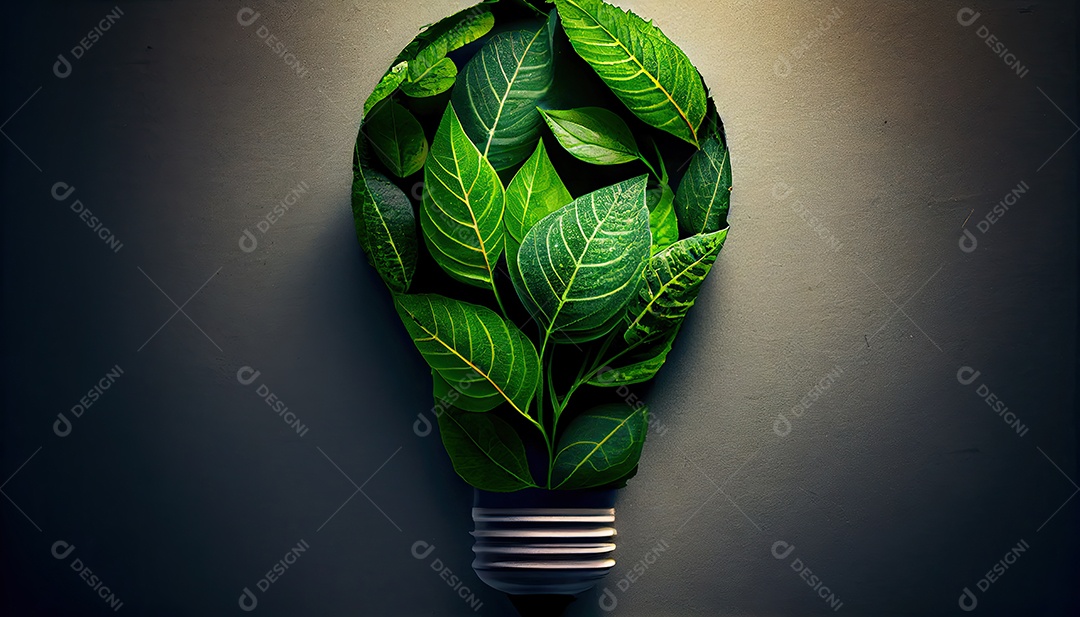 Lâmpada ecológica verde de folhas frescas vista de cima, conceito de energia renovável e dia da terra de vida sustentável a importância de amar a natureza