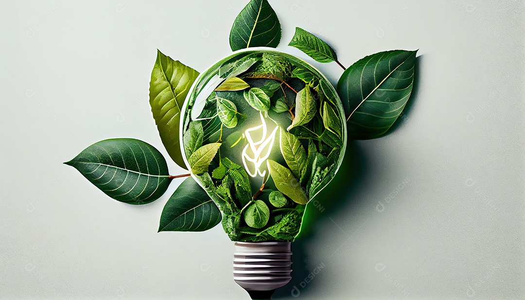 Lâmpada ecológica verde de folhas frescas vista de cima, conceito de energia renovável e dia da terra de vida sustentável a importância de amar a natureza