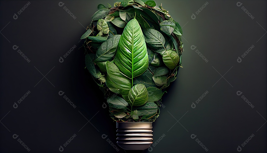 Lâmpada ecológica verde de folhas frescas vista de cima, conceito de energia renovável e dia da terra de vida sustentável a importância de amar a natureza