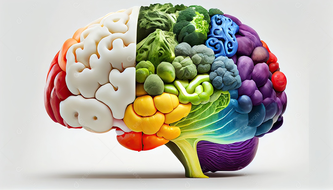 Cérebro humano feito de variedade de vegetais coloridos conceito de nutrição vegetariana vegana saudável Dia Mundial da Saúde a chave para o bem-estar global