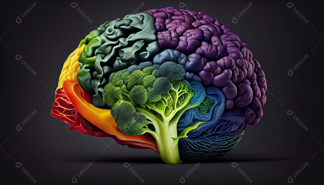 Cérebro humano feito de variedade de vegetais coloridos conceito de nutrição vegetariana vegana saudável Dia Mundial da Saúde a chave para o bem-estar global