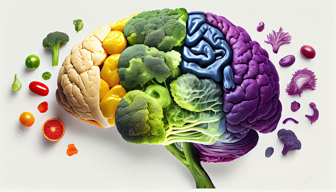 Cérebro humano feito de variedade de vegetais coloridos conceito de nutrição vegetariana vegana saudável Dia Mundial da Saúde a chave para o bem-estar global