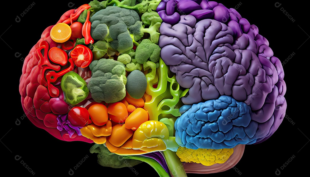 Cérebro humano feito de variedade de vegetais coloridos conceito de nutrição vegetariana vegana saudável Dia Mundial da Saúde a chave para o bem-estar global