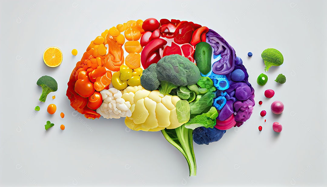 Cérebro humano feito de variedade de vegetais coloridos conceito de nutrição vegetariana vegana saudável Dia Mundial da Saúde a chave para o bem-estar global