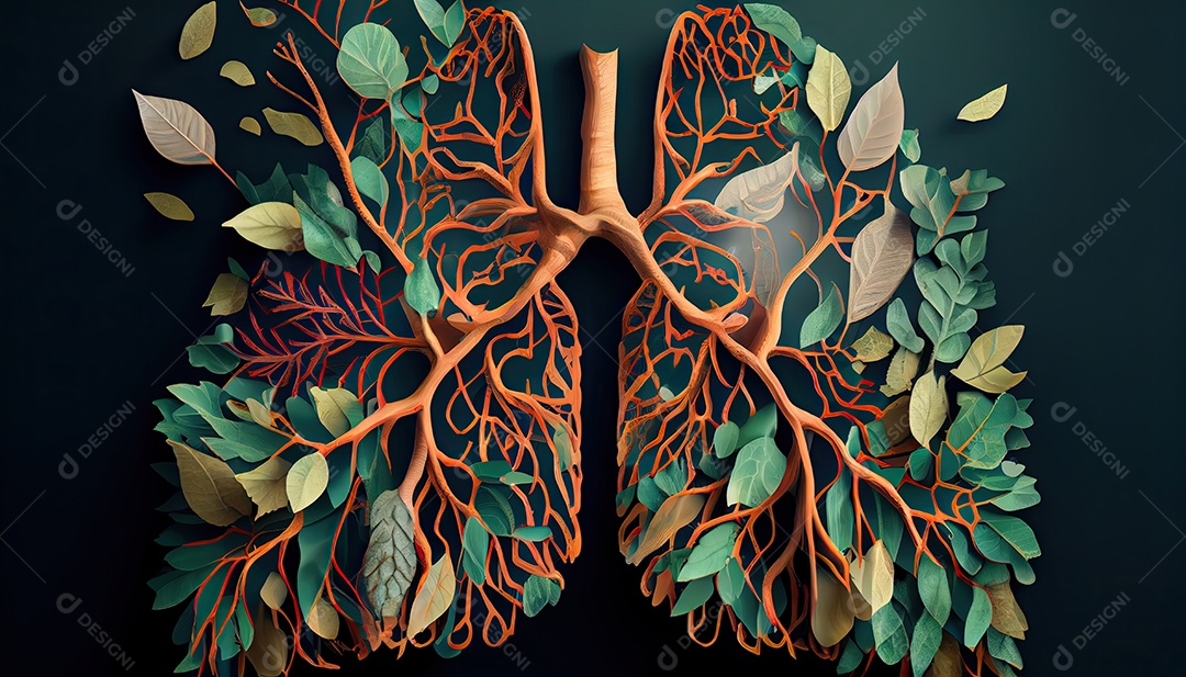 Os pulmões humanos são feitos de galhos de árvores com folhas conceito de Forma Orgânica e Metáfora Dia da Terra a importância de amar a natureza