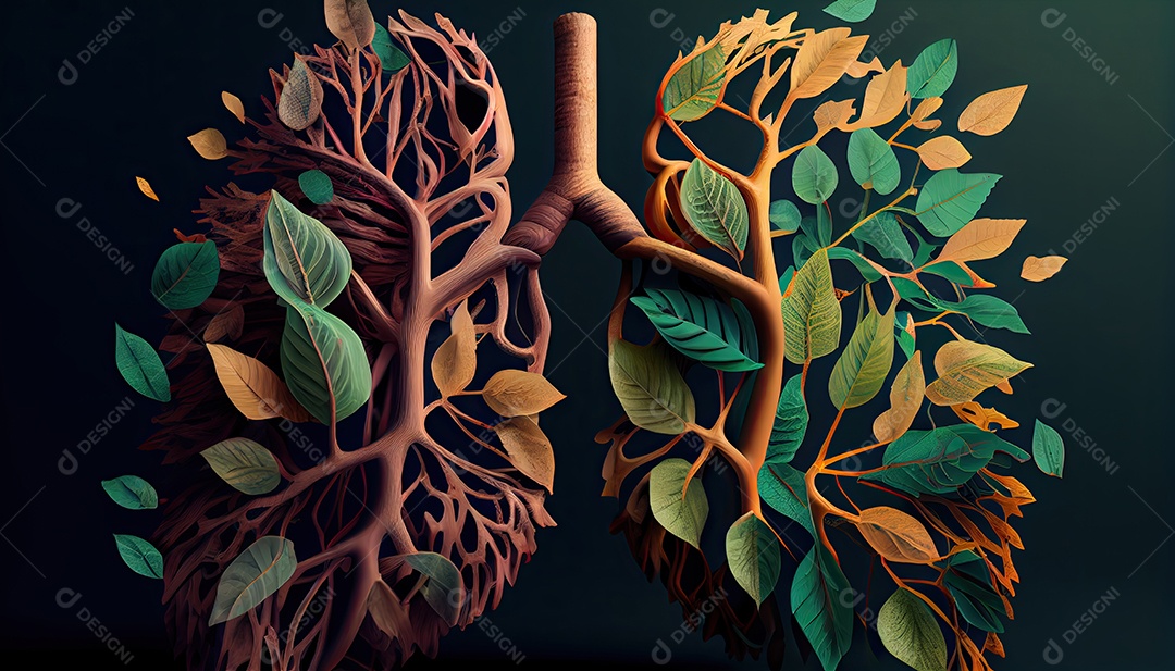 Os pulmões humanos são feitos de galhos de árvores com folhas conceito de Forma Orgânica e Metáfora Dia da Terra a importância de amar a natureza