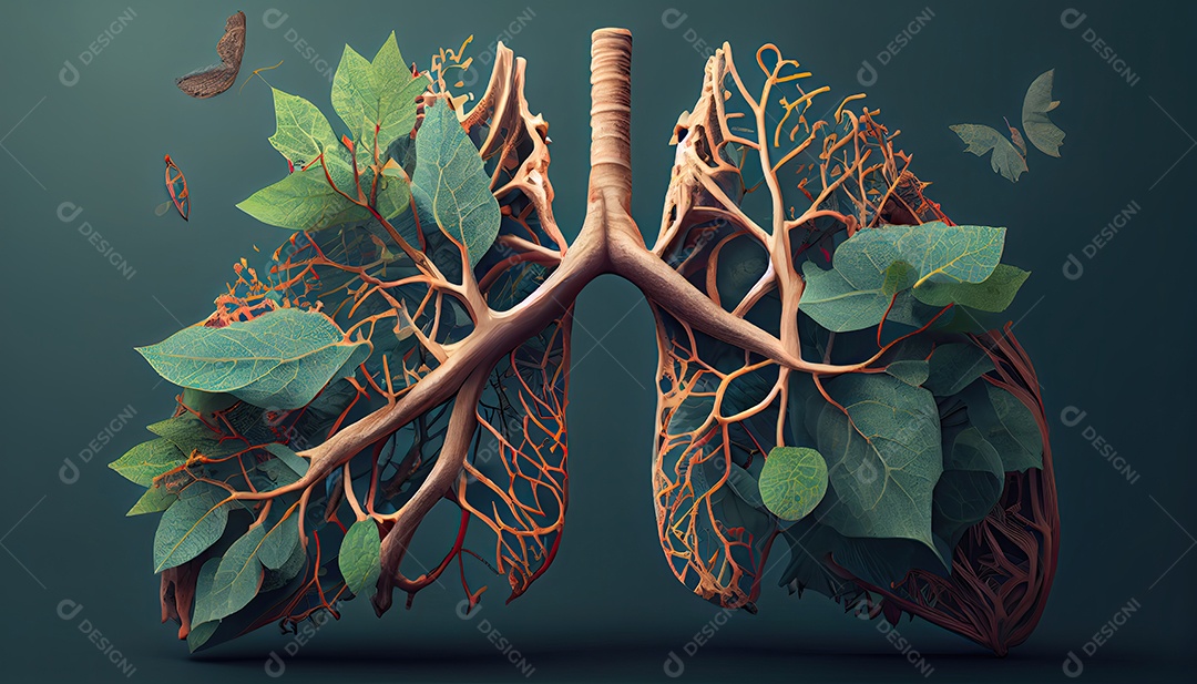 Os pulmões humanos são feitos de galhos de árvores com folhas conceito de Forma Orgânica e Metáfora Dia da Terra a importância de amar a naturezaf