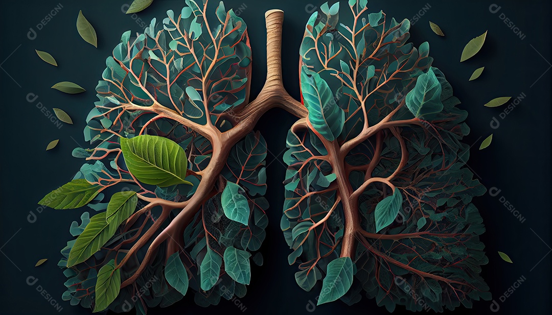 Os pulmões humanos são feitos de galhos de árvores com folhas conceito de Forma Orgânica e Metáfora Dia da Terra a importância de amar a natureza