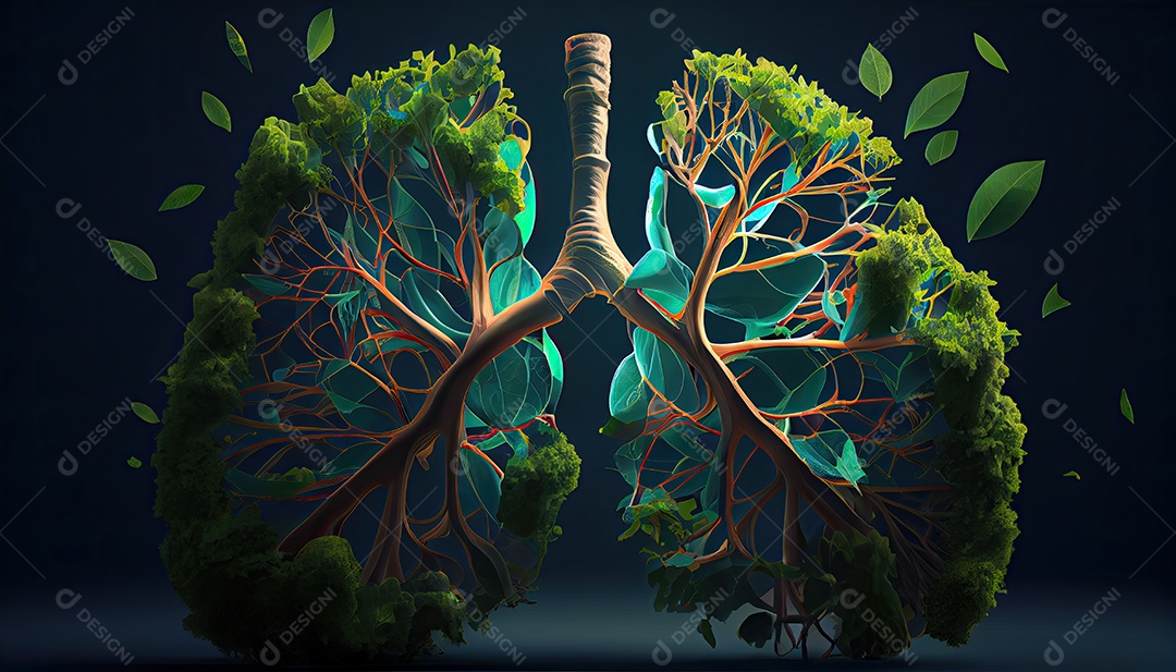Os pulmões humanos são feitos de galhos de árvores com folhas conceito de Forma Orgânica e Metáfora Dia da Terra a importância de amar a natureza