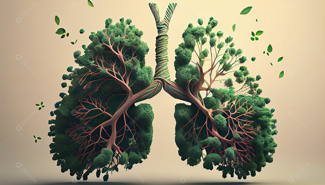 Os pulmões humanos são feitos de galhos de árvores com folhas conceito de Forma Orgânica e Metáfora Dia da Terra a importância de amar a natureza
