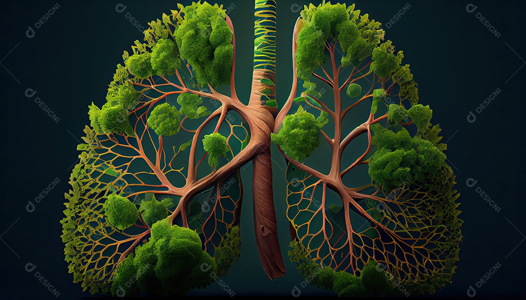 Os pulmões humanos são feitos de galhos de árvores com folhas conceito de Forma Orgânica e Metáfora Dia da Terra a importância de amar a natureza