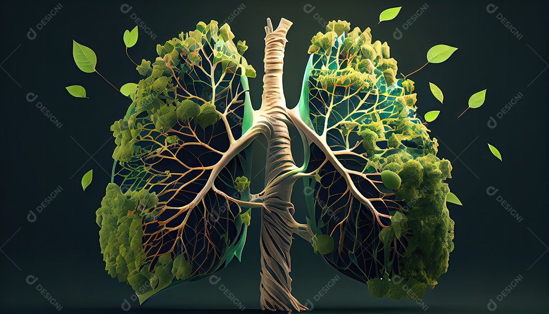 Os pulmões humanos são feitos de galhos de árvores com folhas conceito de Forma Orgânica e Metáfora Dia da Terra a importância de amar a natureza