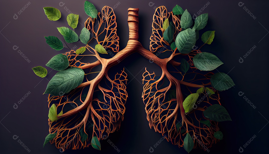 Os pulmões humanos são feitos de galhos de árvores com folhas conceito de Forma Orgânica e Metáfora Dia da Terra a importância de amar a natureza