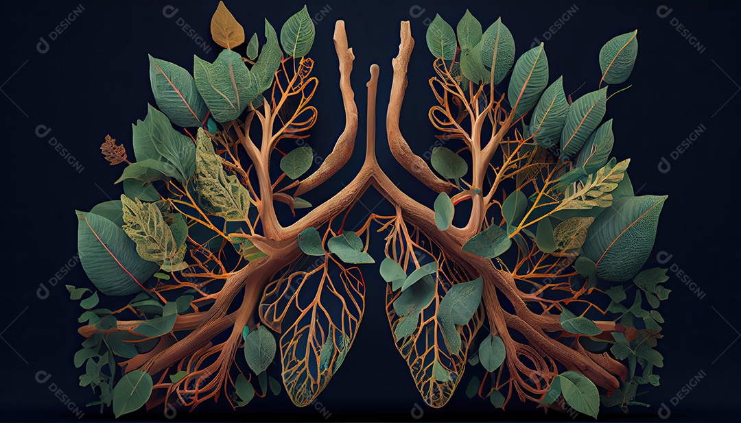 Os pulmões humanos são feitos de galhos de árvores com folhas conceito de Forma Orgânica e Metáfora Dia da Terra a importância de amar a natureza