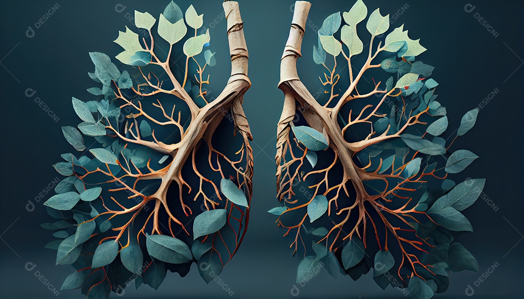 Os pulmões humanos são feitos de galhos de árvores com folhas conceito de Forma Orgânica e Metáfora Dia da Terra a importância de amar a natureza