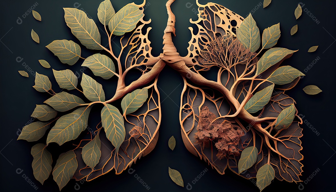Os pulmões humanos são feitos de galhos de árvores com folhas conceito de Forma Orgânica e Metáfora Dia da Terra a importância de amar a natureza