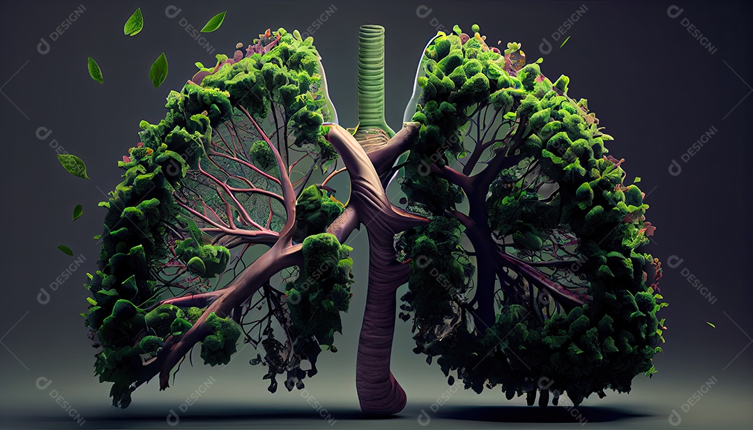 Os pulmões humanos são feitos de galhos de árvores com folhas conceito de Forma Orgânica e Metáfora Dia da Terra a importância de amar a natureza