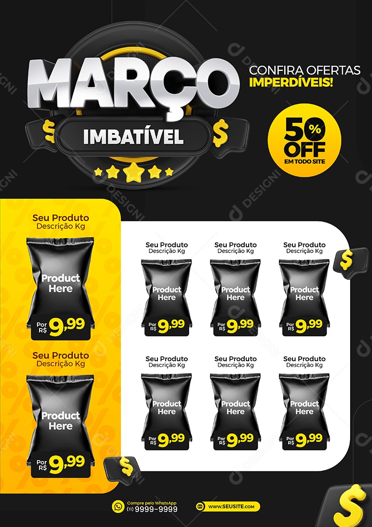 Março Imbatível Confira Ofertas Imperdíveis 50% Off Em Todo Site Encarte de Supermercado Social Media PSD Editável