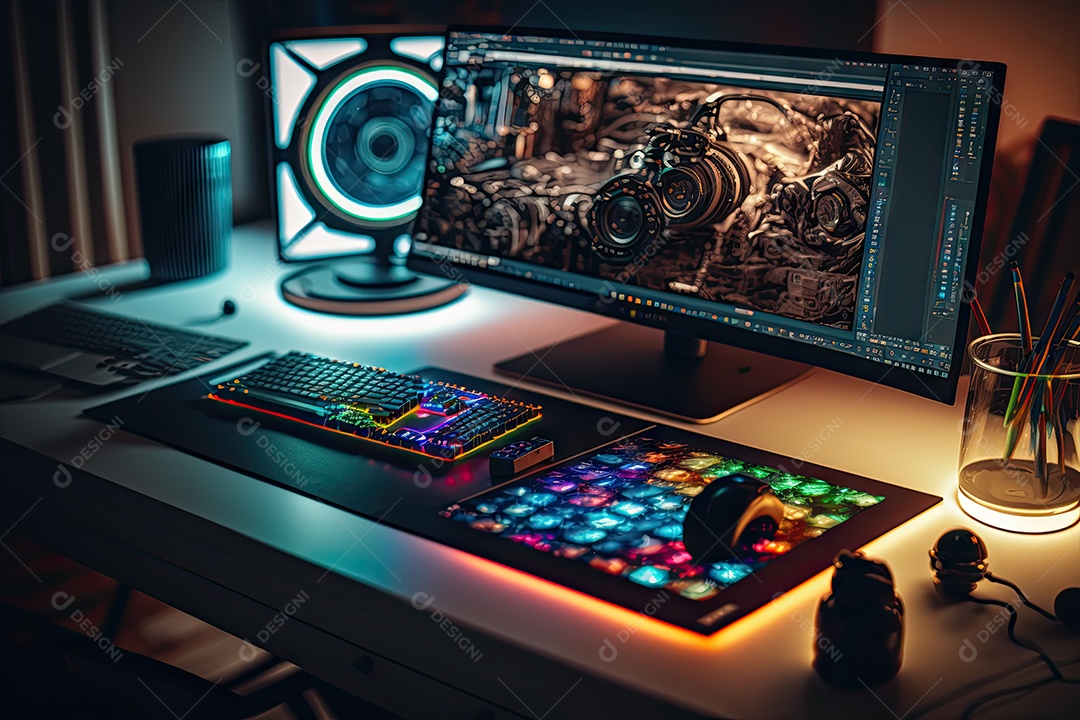 Mesa moderna com computador gamer de última geração colorido com led