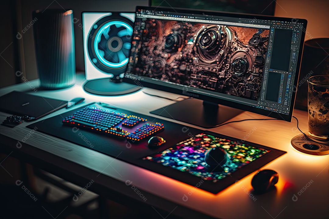 Mesa moderna com computador gamer de última geração colorido com led