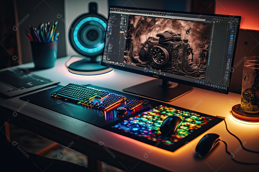 Mesa moderna com computador gamer de última geração colorido com led