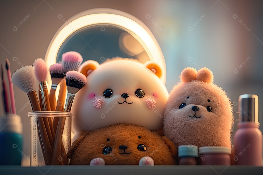 Imagem de uma mesa de maquiagem com bichinhos de pelúcia fofos