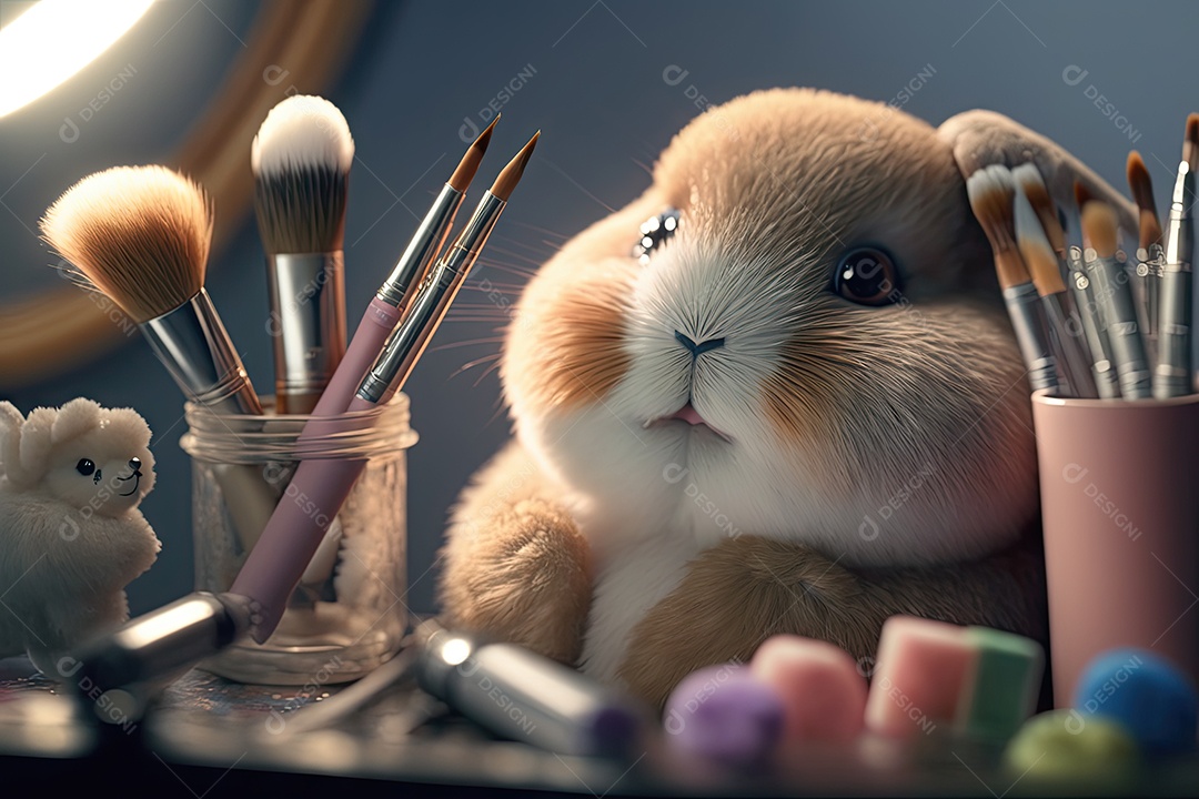 Imagem de uma mesa de maquiagem com bichinhos de pelúcia fofos