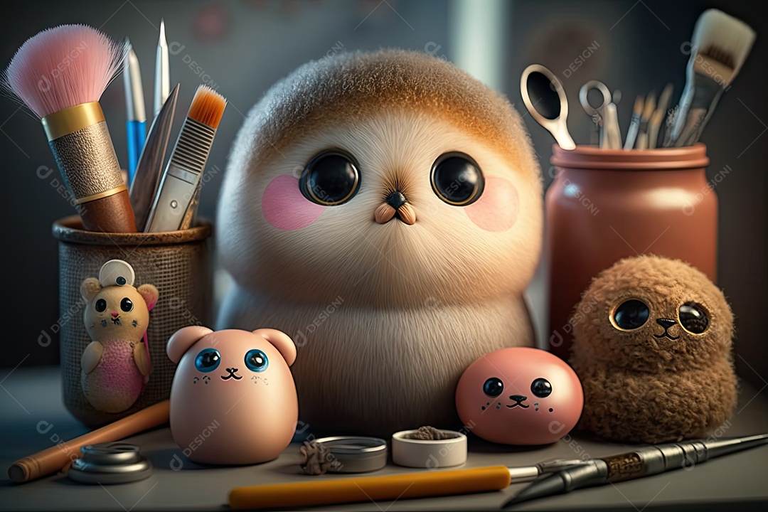 Imagem de uma mesa de maquiagem com bichinhos de pelúcia fofos