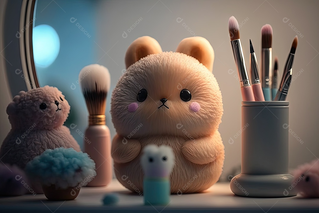 Imagem de uma mesa de maquiagem com bichinhos de pelúcia fofos