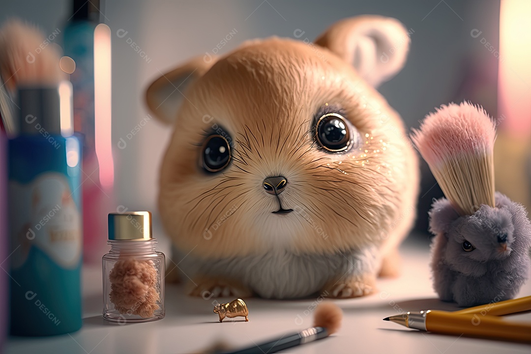 Imagem de uma mesa de maquiagem com bichinhos de pelúcia fofos