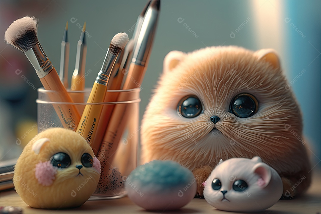 Imagem de uma mesa de maquiagem com bichinhos de pelúcia fofos