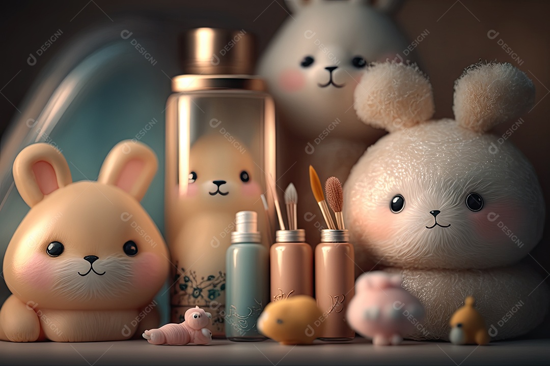 Imagem de uma mesa de maquiagem com bichinhos de pelúcia fofos