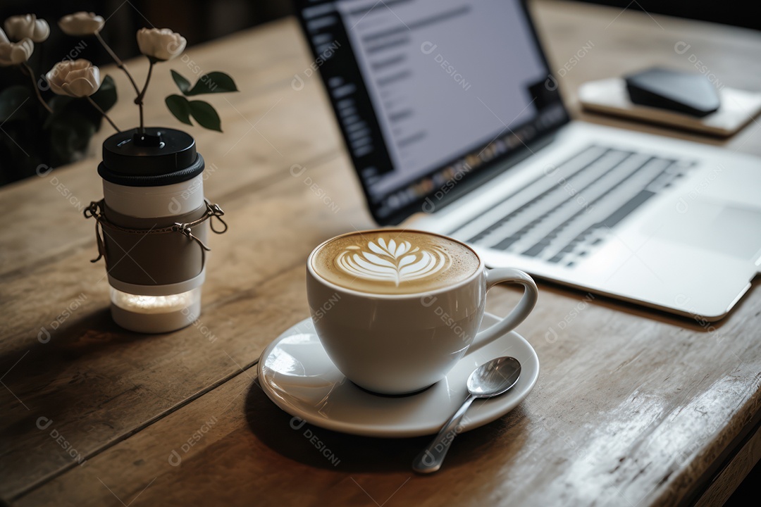 Xicara de cappuccino, café e café da manhã em uma mesa de madeira com um laptop para trabalho e acessórios