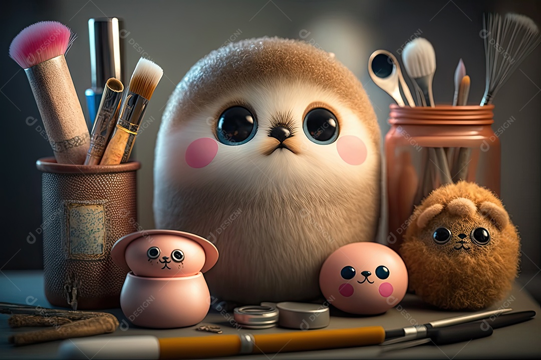 Imagem de uma mesa de maquiagem com bichinhos de pelúcia fofos