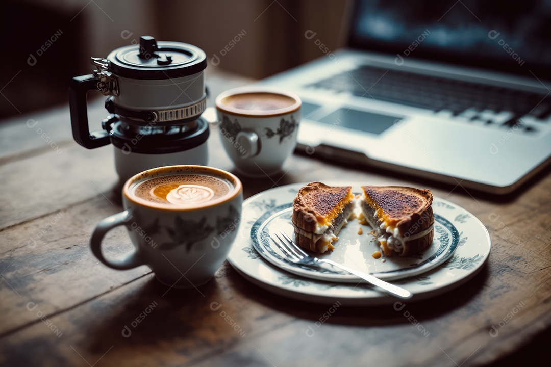 Xicara de cappuccino, café e café da manhã em uma mesa de madeira com um laptop para trabalho e acessórios