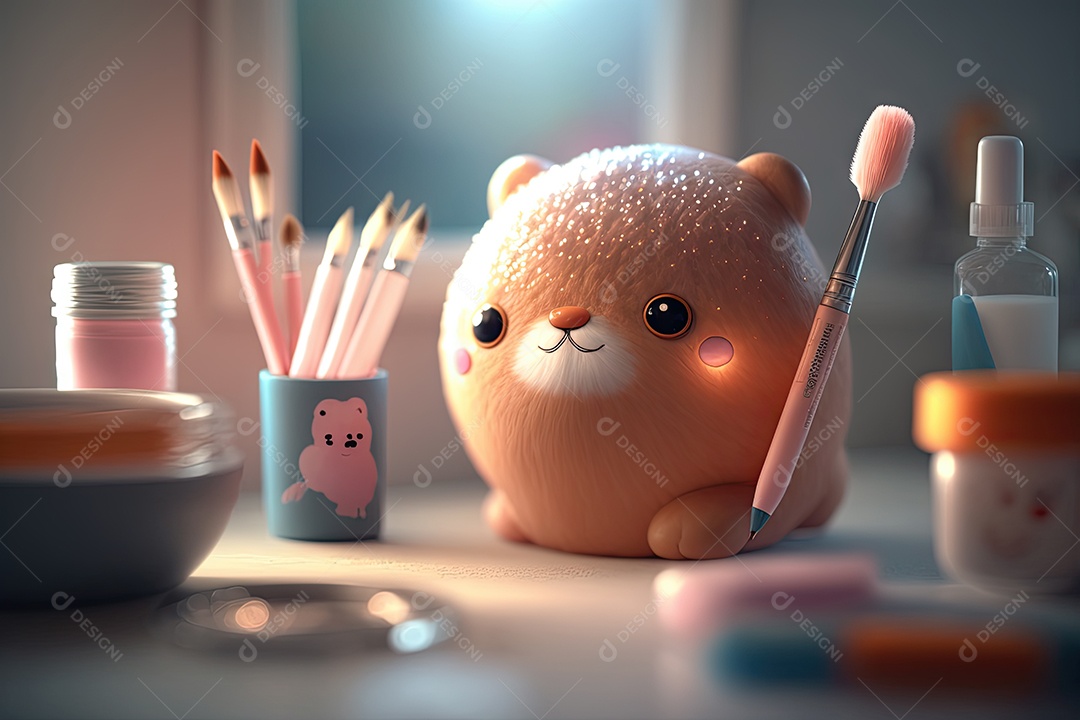 Imagem de uma mesa de maquiagem com bichinhos de pelúcia fofos