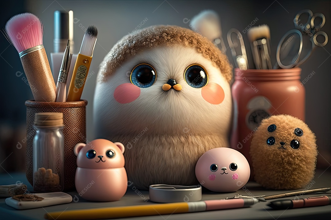 Imagem de uma mesa de maquiagem com bichinhos de pelúcia fofos