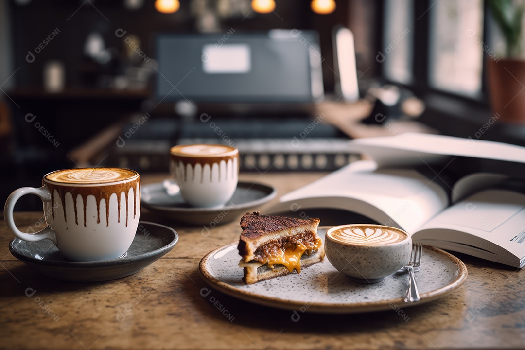 Xicara de cappuccino, café e café da manhã em uma mesa de madeira com um laptop para trabalho e acessórios