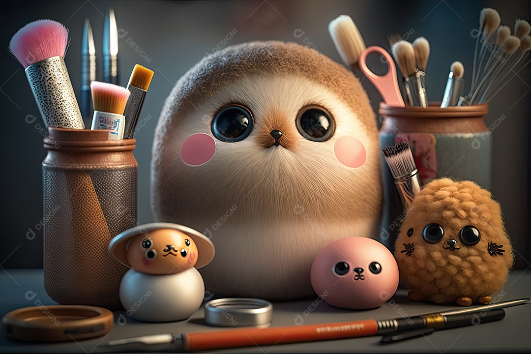 Imagem de uma mesa de maquiagem com bichinhos de pelúcia fofos