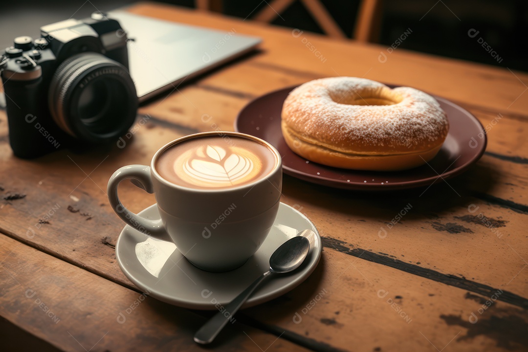 Uma xícara de cappuccino, café e sobremesa no café da manhã em uma mesa de madeira com um laptop para trabalho e acessórios