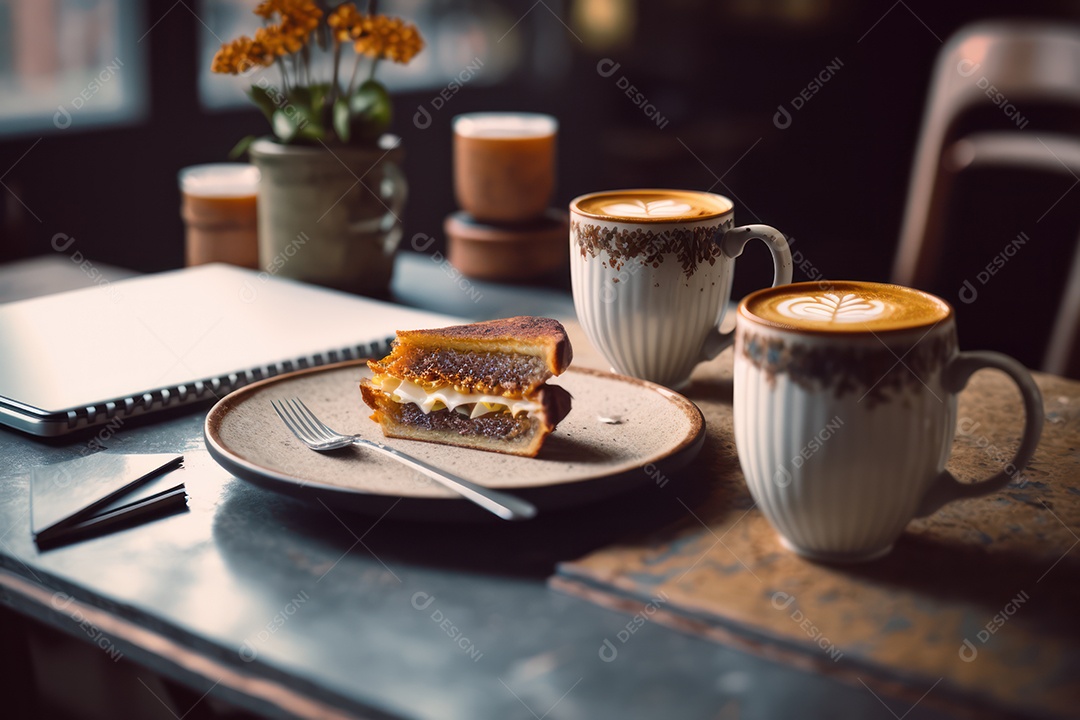 Xicara de cappuccino, café e café da manhã em uma mesa de madeira com um laptop para trabalho e acessórios