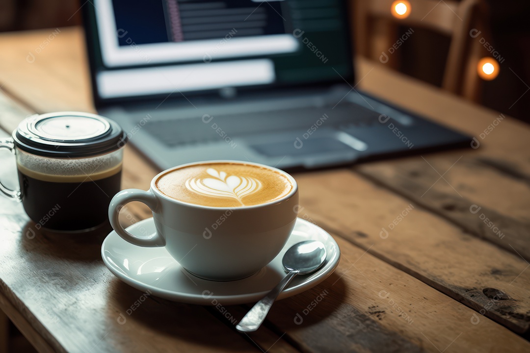 Xicara de cappuccino, café e café da manhã em uma mesa de madeira com um laptop para trabalho e acessórios