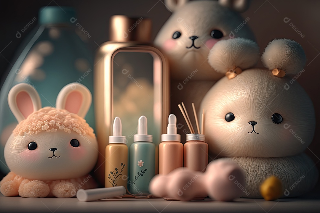 Imagem de uma mesa de maquiagem com bichinhos de pelúcia fofos