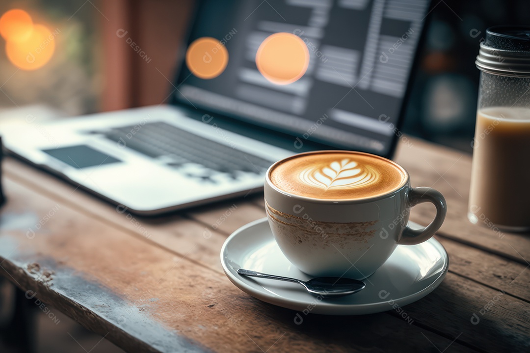 Xicara de cappuccino, café e café da manhã em uma mesa de madeira com um laptop para trabalho e acessórios