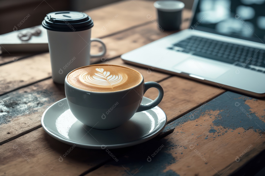 Xicara de cappuccino, café e café da manhã em uma mesa de madeira com um laptop para trabalho e acessórios