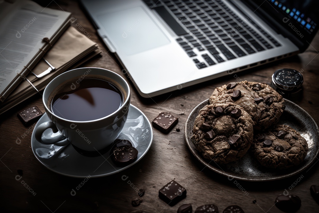 Xicara de cappuccino, café e café da manhã em uma mesa de madeira com um laptop para trabalho e acessórios